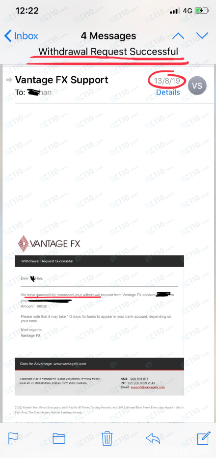 VantageFX万致未给出理由拒绝出金且封闭账户