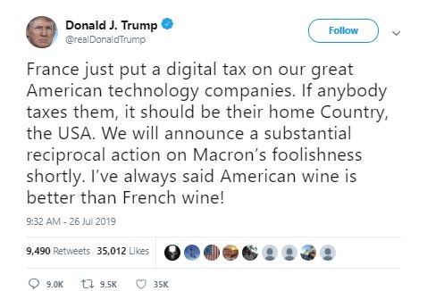 白宫宣布对法国数字税启动301调查 特朗普矛头对准法国葡萄酒