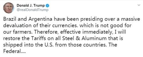 美国总统特朗普：将恢复对自巴西和阿根廷进口铝、钢铁的关税