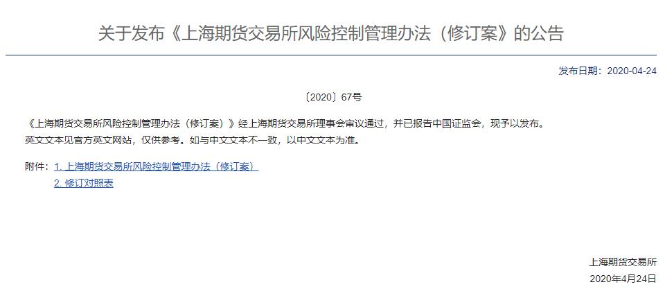上期所发布《上海期货交易所风险控制管理办法（修订案》