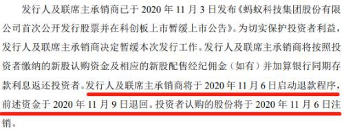 蚂蚁集团退款安排明确，返还冻结申购资金+同期银行存款利息，有利于保护投资者